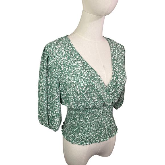 1.STATE Green Floral Smocked Waist Puff Sleeve Blouse Size S - Picture 8 of 8